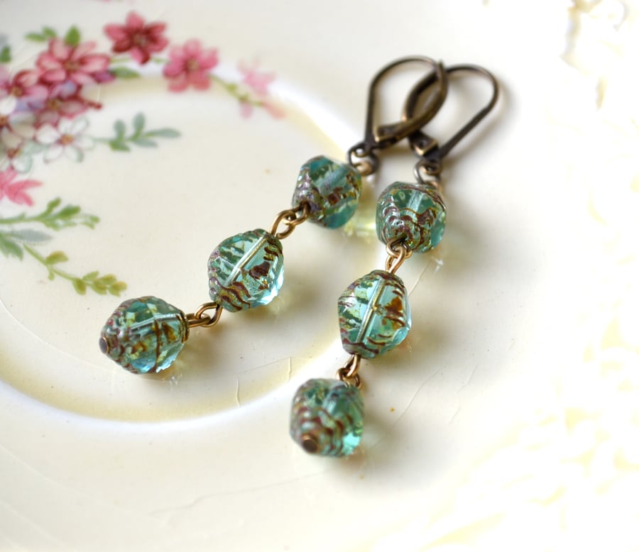 Aqua Dangle Earrings, Picasso Czech Glass Beads, Vintage Style Earrings