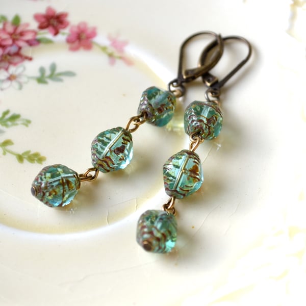 Aqua Dangle Earrings, Picasso Czech Glass Beads, Vintage Style Earrings