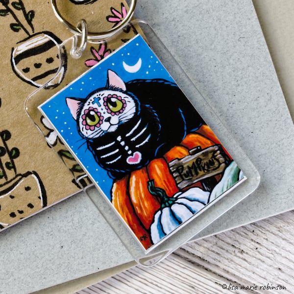 Day of the Dead Black Cat Keyring - Large