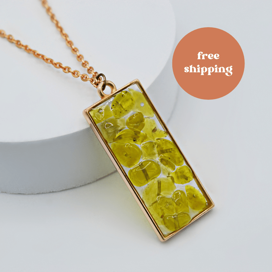 Yellow Jade Rose Gold plated Rectangle Worry Stone Necklace - Free Postage