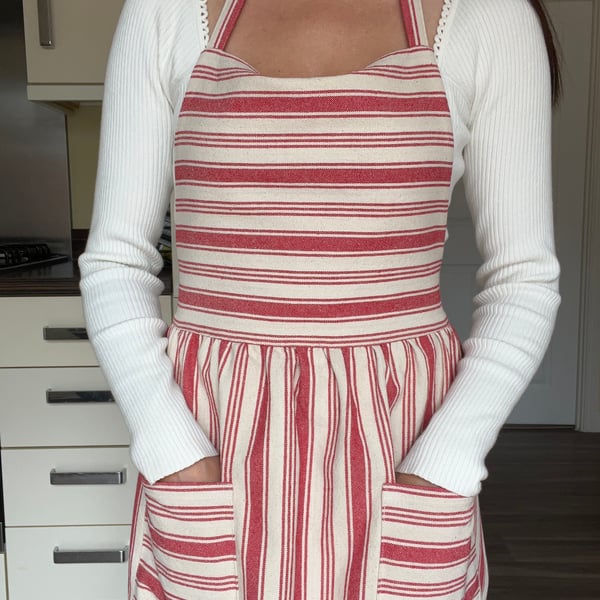 Handmade Striped Cotton Red Apron