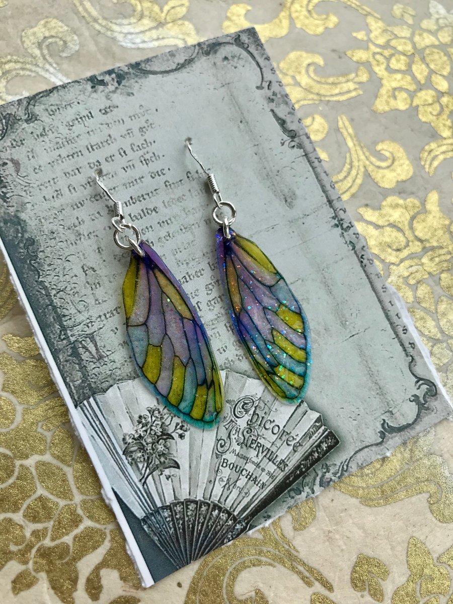 Purple Yellow and Blue Fairy Wing Earrings Sterling Silver
