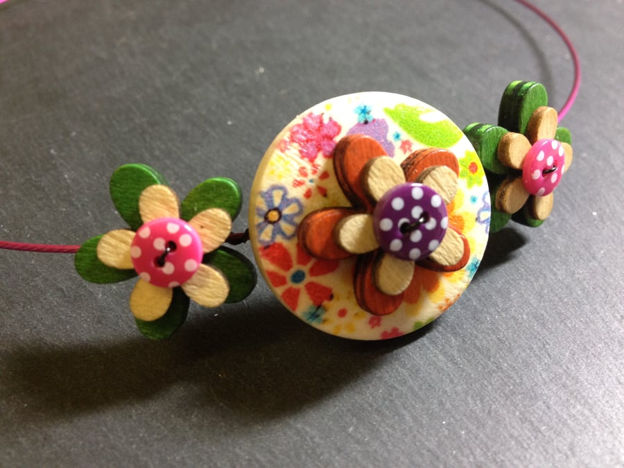 Focal Button Choker Necklace Triple Stacked Orange Green and Pink