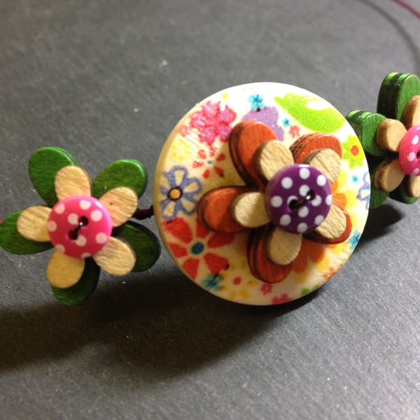 Focal Button Choker Necklace Triple Stacked Orange Green and Pink