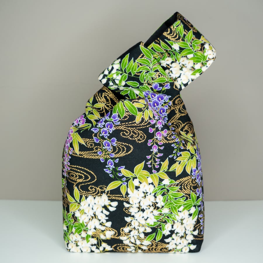 Reversible Japanese Knot Bag - Wisteria Pattern - Lined In Black Satin