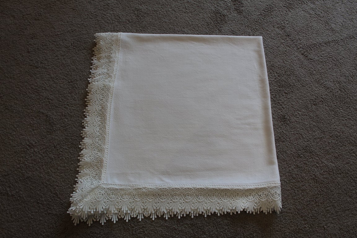 Handmade Linen Viscose Christening Shawl – Wide Lace Trim