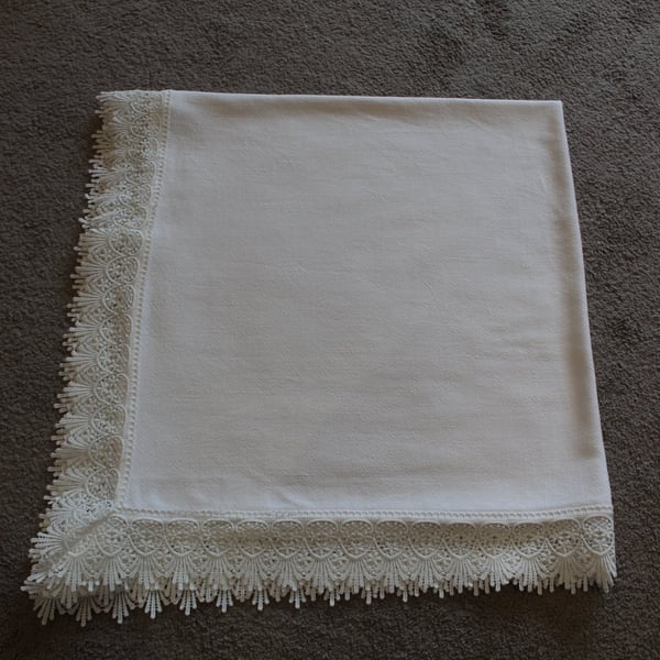 Handmade Linen Viscose Christening Shawl – Wide Lace Trim