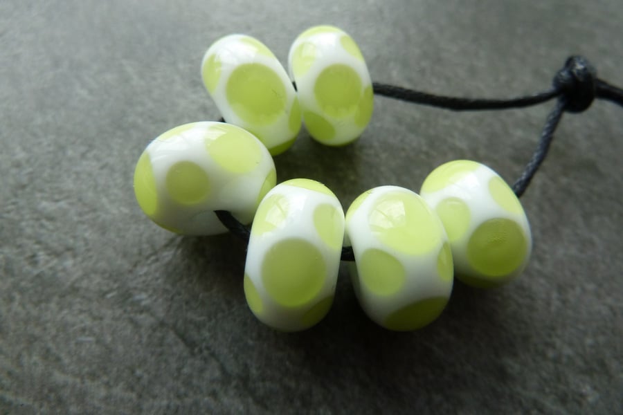 white and green spot lampwork glass beads