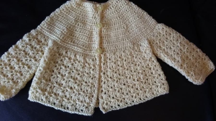 Crochet Matinee Jacket in primrose yellow wool. 3 months