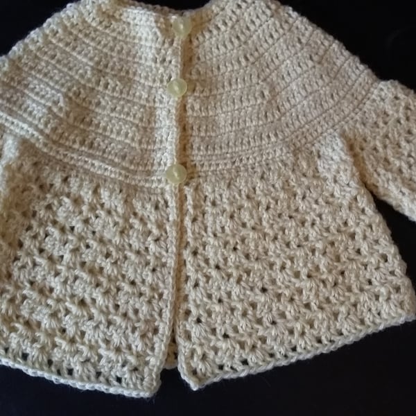 Crochet Matinee Jacket in primrose yellow wool. 3 months