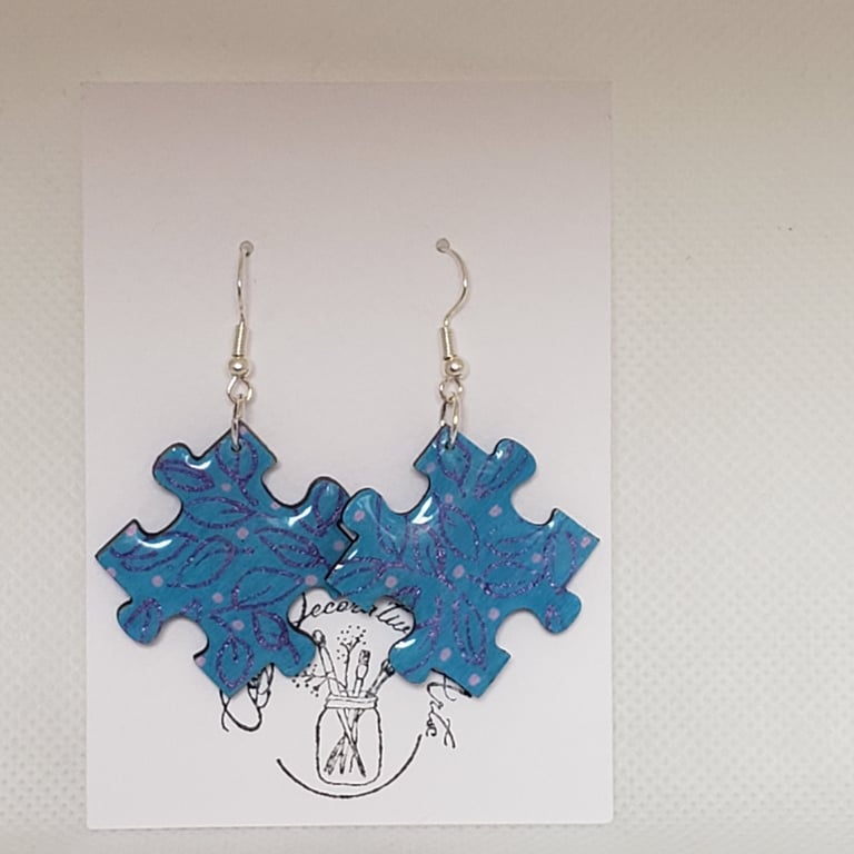 Hand-painted Jigsaw Earrings Resin Coated - Blue Leaves