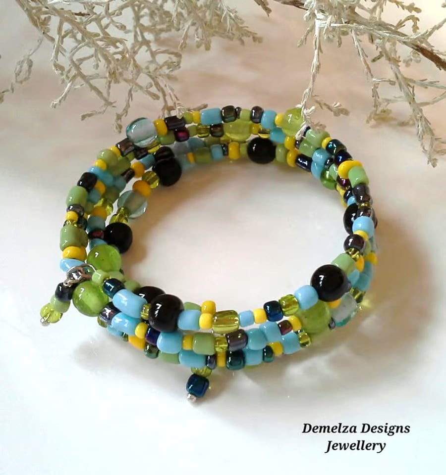 Green Multicoloured Vibrant Wrap Seed Bead Bracelet