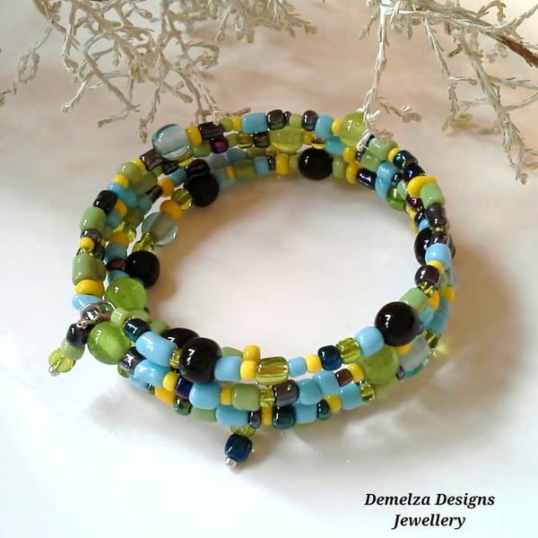 Green Multicoloured Vibrant Wrap Seed Bead Bracelet