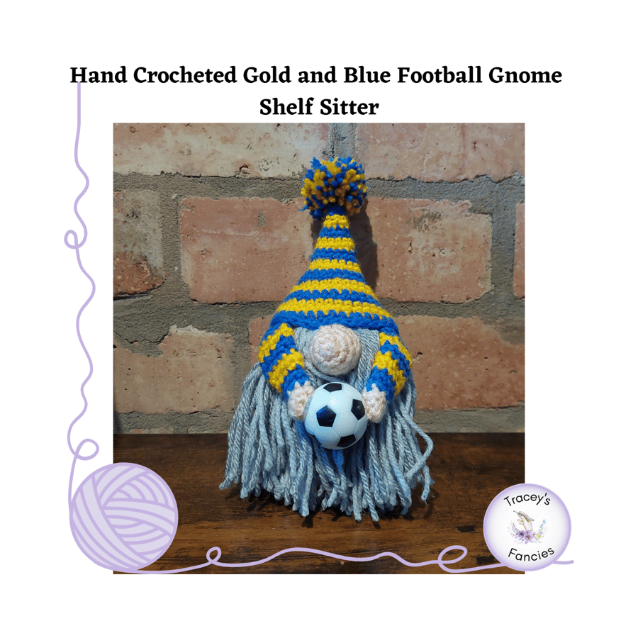 Hand crochet gold and blue football gnome collectable