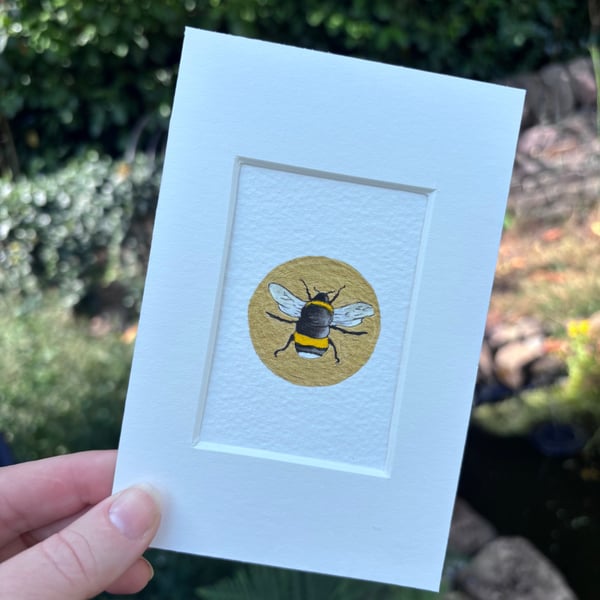 Original ACEO British insect painting Bumble Bee miniature watercolour artwork 