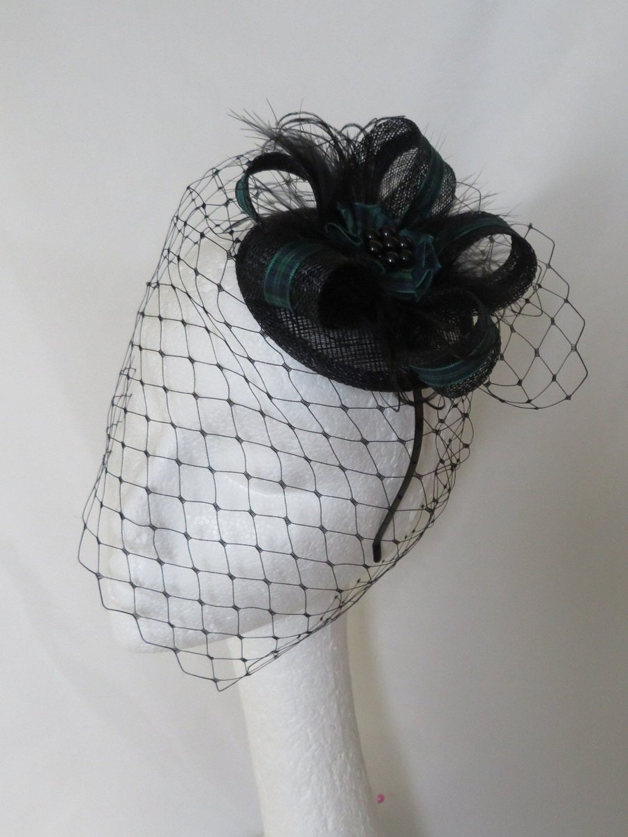 Black Watch Tartan & Black Sinamay Feather Plaid Fascinator Hat 