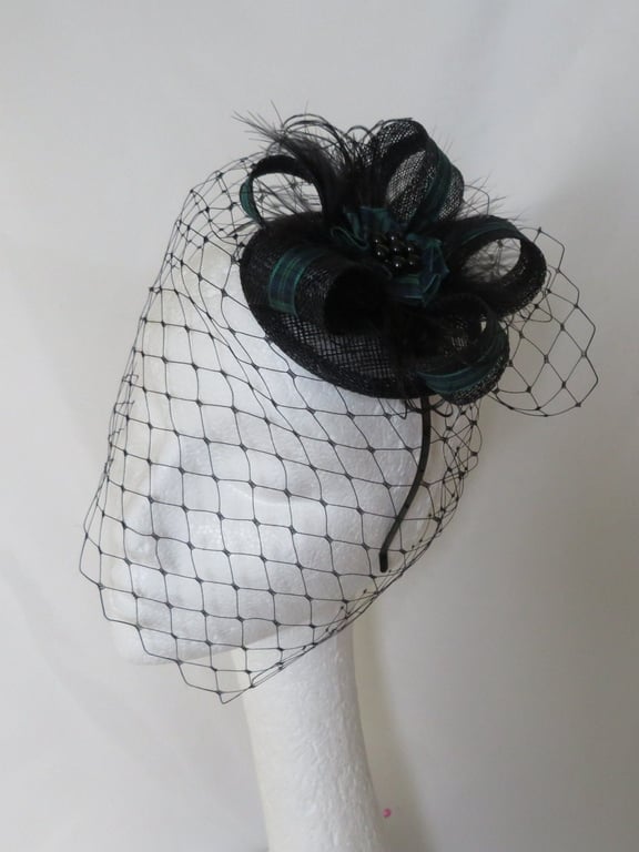 Black Watch Tartan & Black Sinamay Feather Plaid Fascinator Hat 
