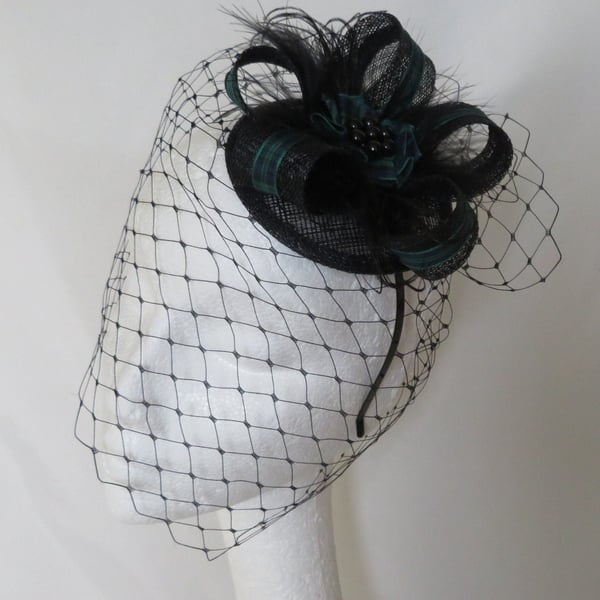 Black Watch Tartan & Black Sinamay Feather Plaid Fascinator Hat 