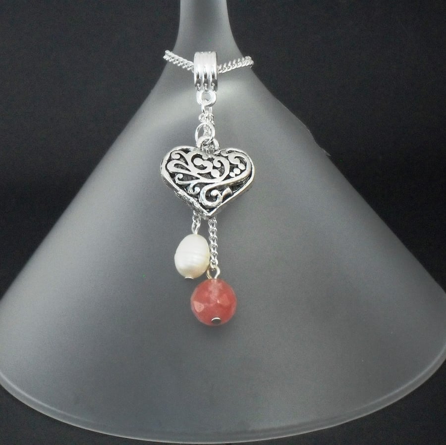 Ivory pearl & watermelon peach tourmaline heart charm necklace