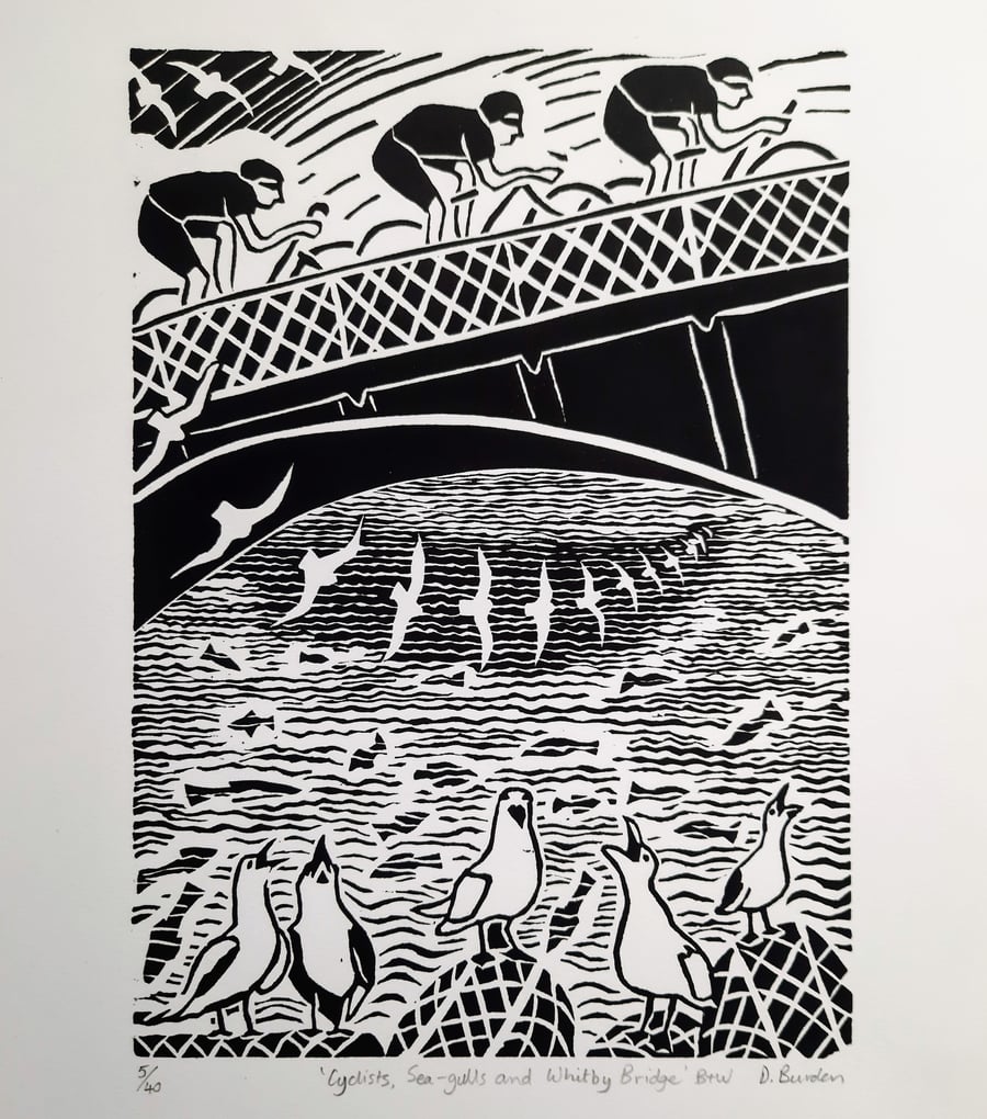 Handprinted limited edition linoprint of cyclists on Whitby bridge