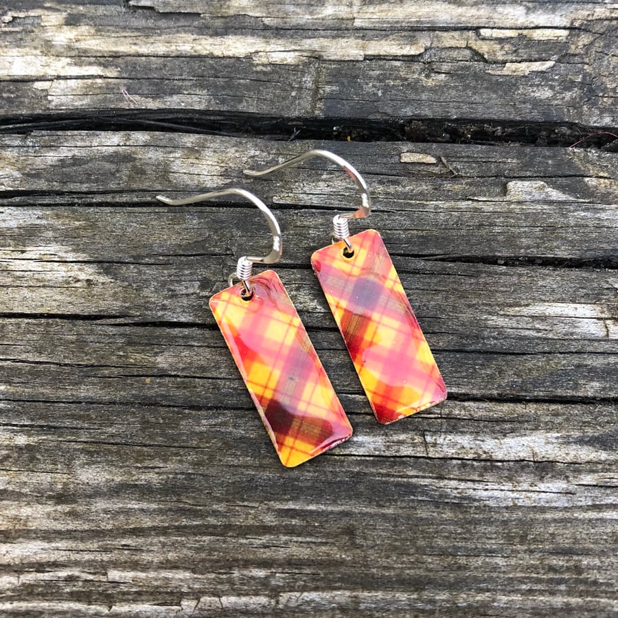 Red Tartan Decoupage & Enamel Rectangle Earrings. Sterling silver.