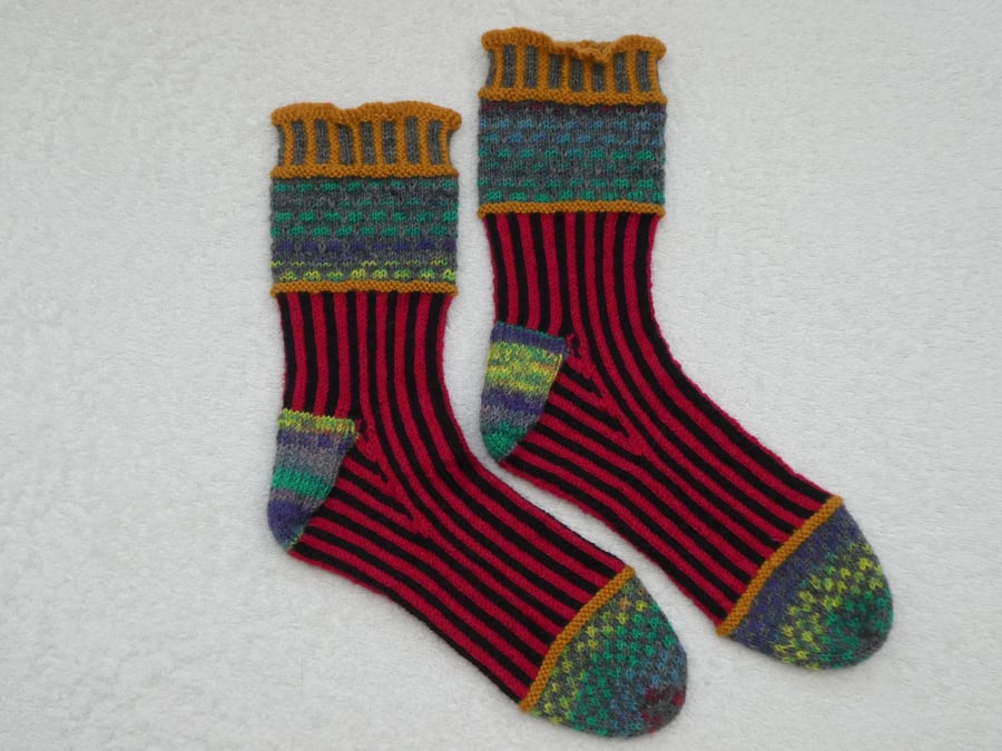 Hand Knit Socks UK Size 4 -5. Black and Red Stripe Socks. Wool Socks