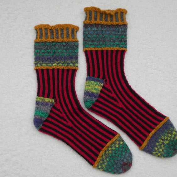 Hand Knit Socks UK Size 4 -5. Black and Red Stripe Socks. Wool Socks