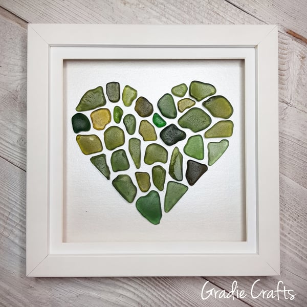 Welsh Green Sea Glass Heart Mosaic Framed Art Wall Hanging