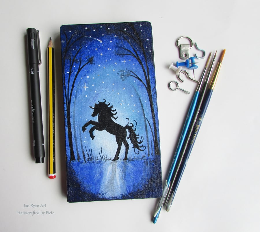Unicorn in the Moonlight, Silhouette Unicorn, Acrylic painting on Wood