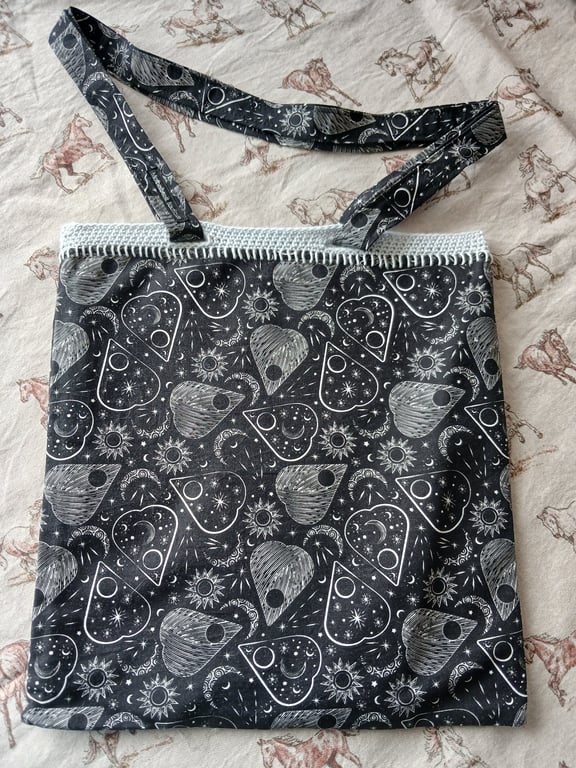 Handmade totebag with celestial, heart, moon, stars, sun design