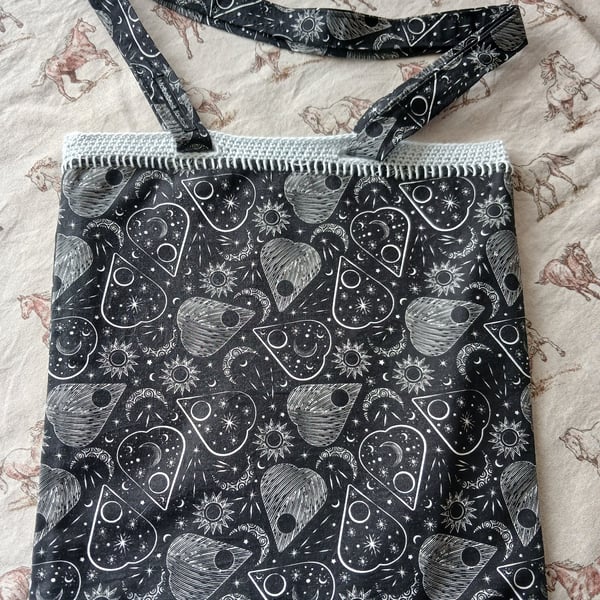 Handmade totebag with celestial, heart, moon, stars, sun design