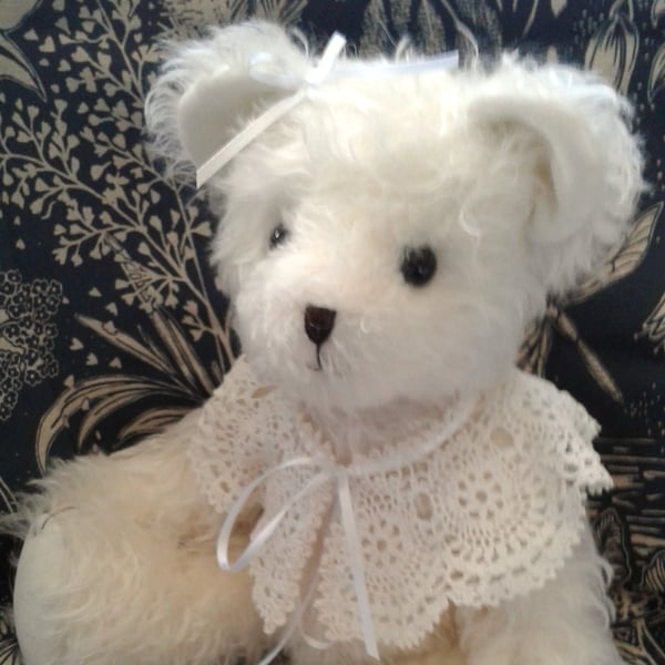 Collector's teddy bear, Ammi a jointed Mohair bear with a vintage lace collar