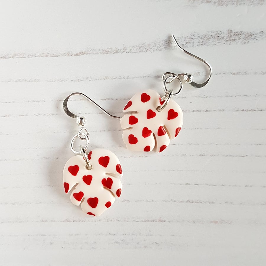 White with red hearts tropical leaves earrings