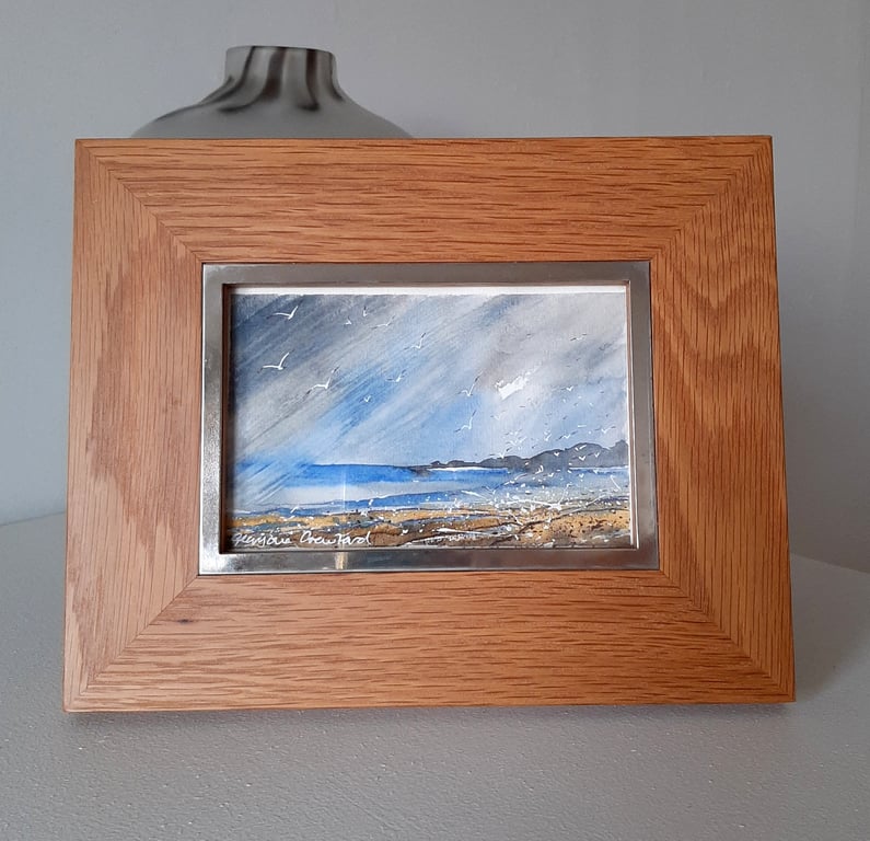Rainy Ocean with Gulls. Framed Painting. Watercolour
