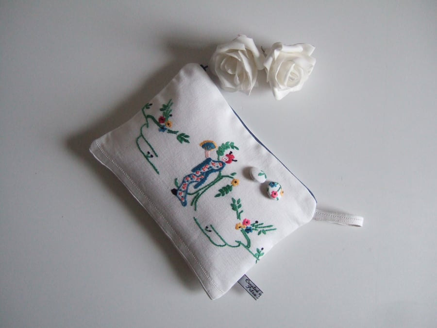 Vintage embroidery Japanese lady and blossom make up bag