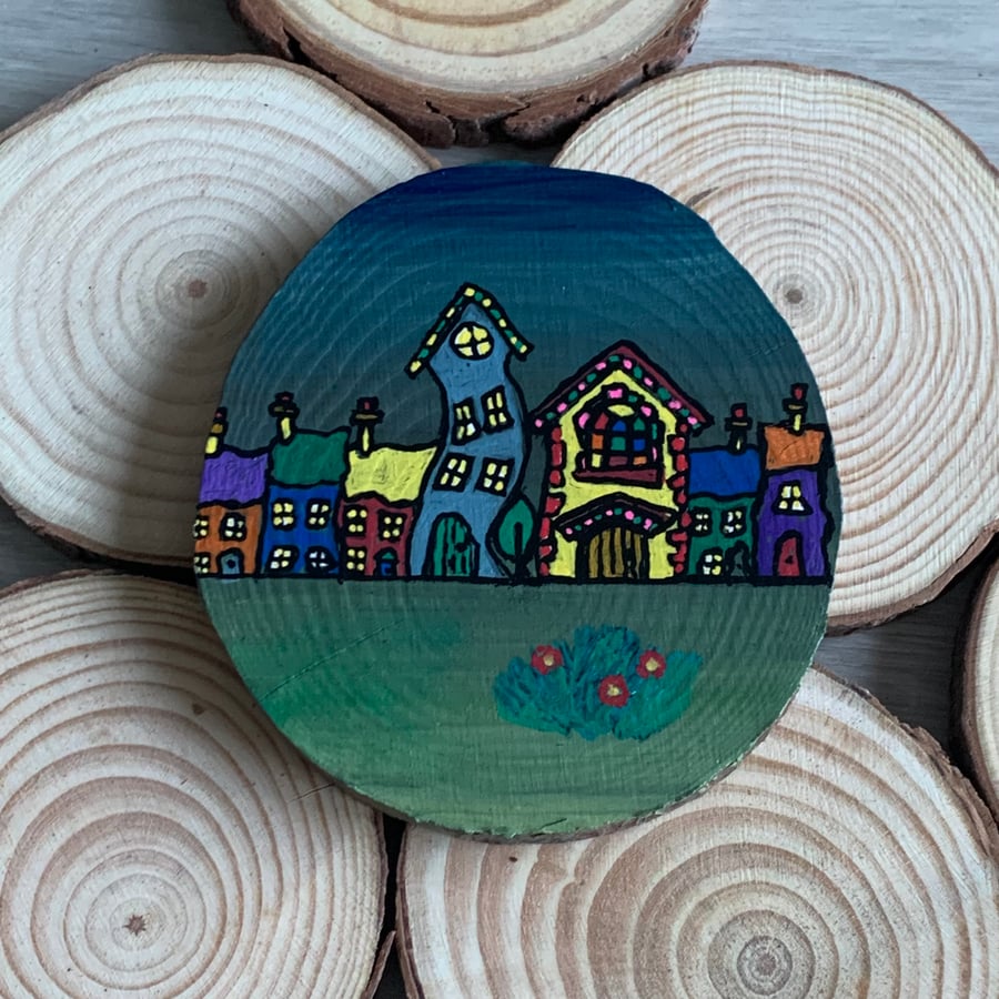 Wonky street wood slice acrylic painting Folksy