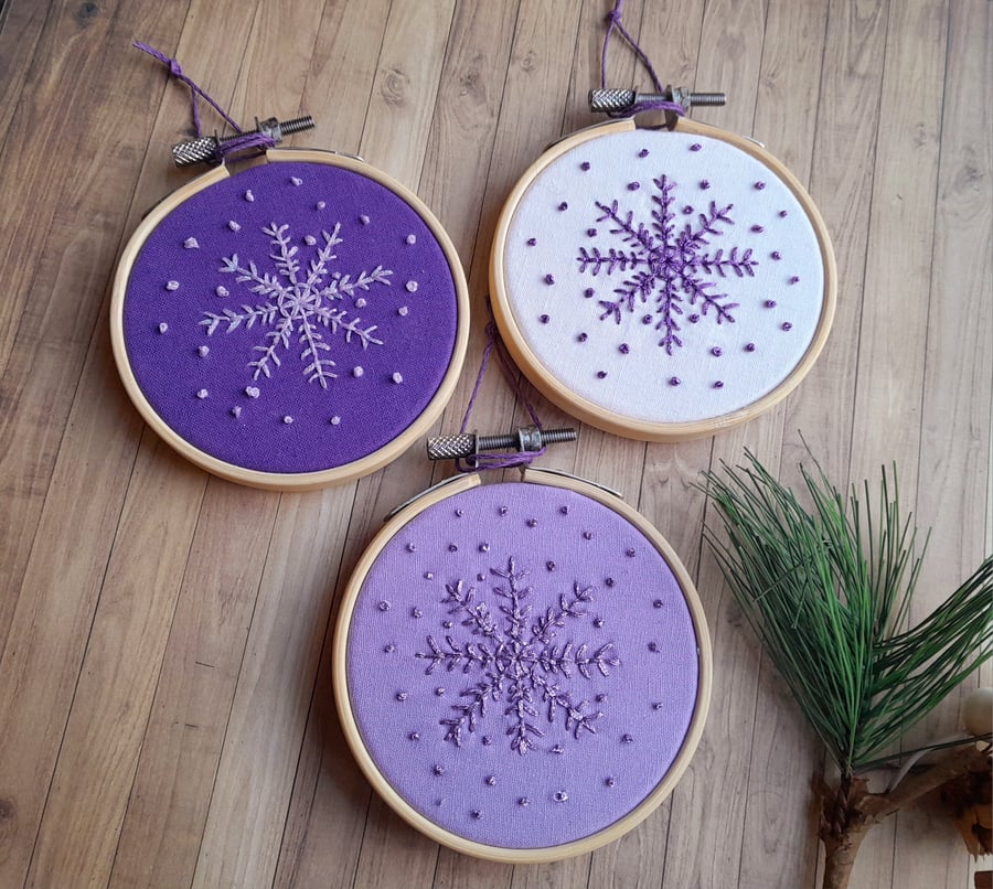 Three Hand Embroidered Metallic Snowflake hanging decorations 