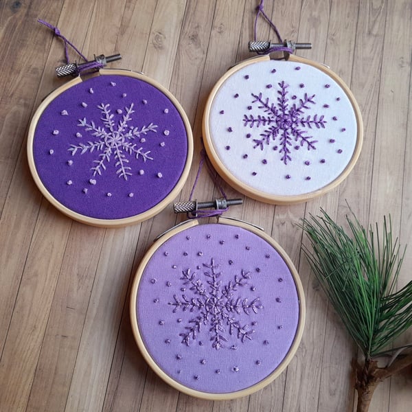 Three Hand Embroidered Metallic Snowflake hanging decorations 