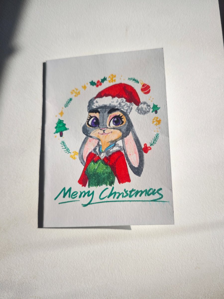 Hand-Painted Christmas Judy Hopps Zootopia Card with Handmade Envelope One-of-a-