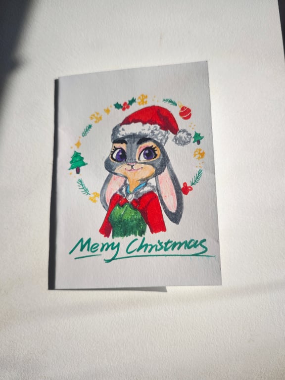 Hand-Painted Christmas Judy Hopps Zootopia Card with Handmade Envelope One-of-a-