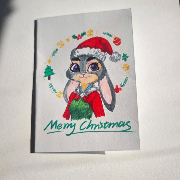 Hand-Painted Christmas Judy Hopps Zootopia Card with Handmade Envelope One-of-a-