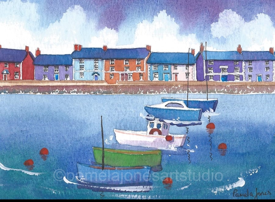 Aberaeron Harbour, Cardigan Bay, West Wales Watercolour Print in 14 x 11 " Mount