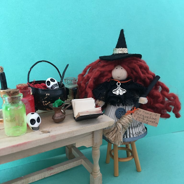 Dark Orange Witch Doll Decoration, Halloween Ornaments, Witch Core 