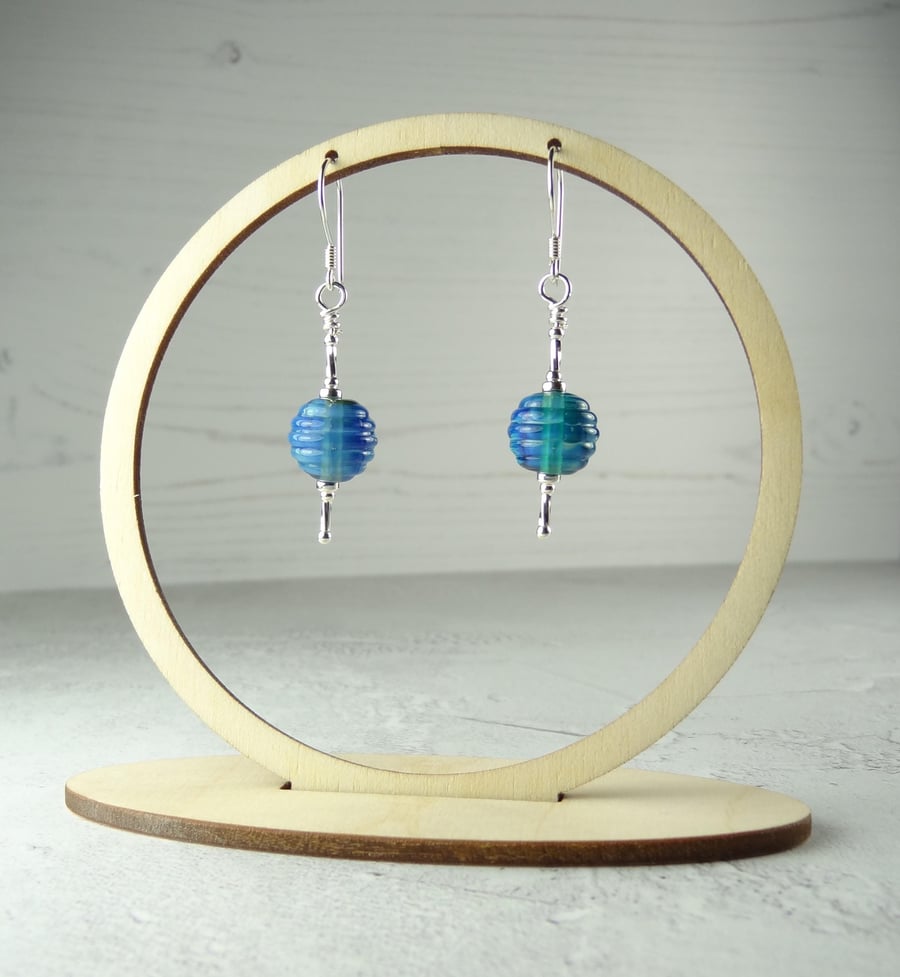 Blue ribbed lampwork glass drop earrings, sterling silver, gift box (76)