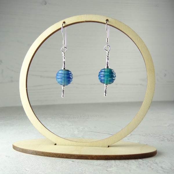 Blue ribbed lampwork glass drop earrings, sterling silver, gift box (76)