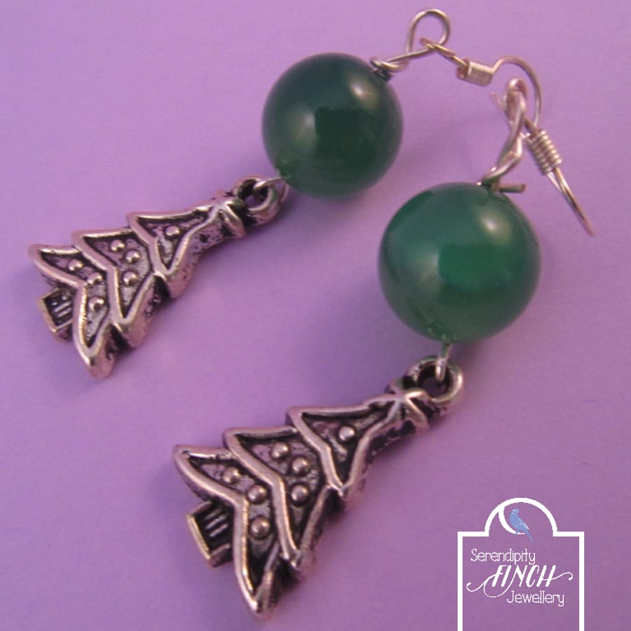 Green Agate Christmas Tree Earrings