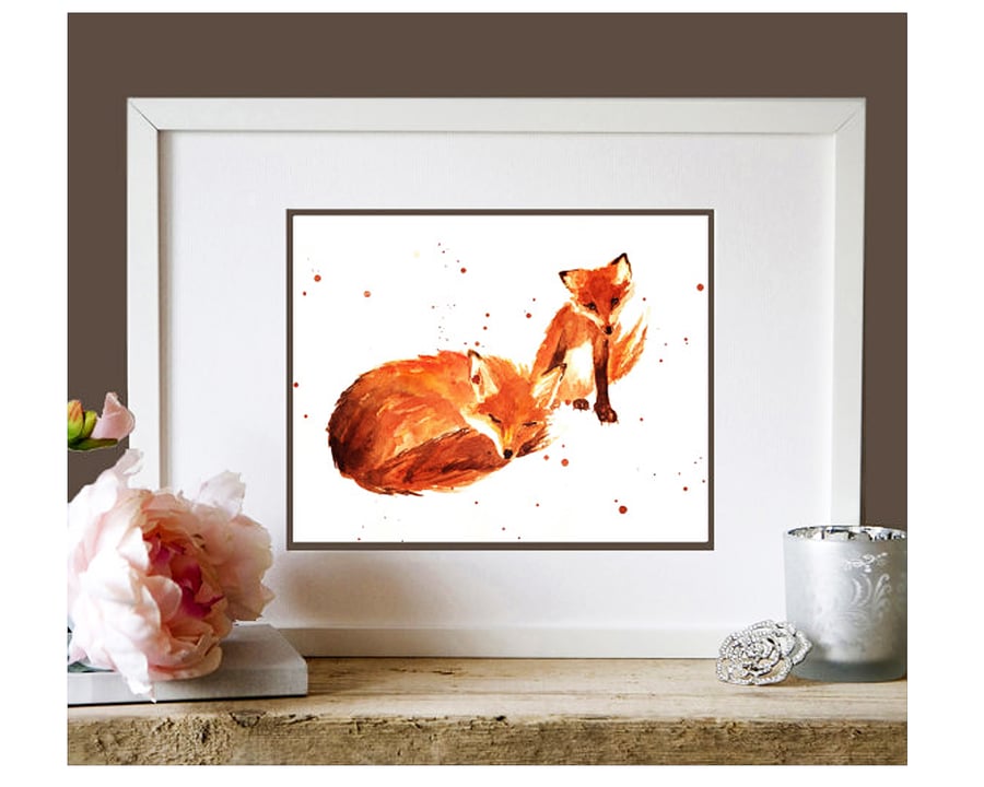 Sweet Mother and Baby Fox Watercolour Print