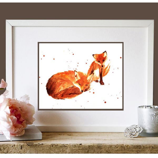 Sweet Mother and Baby Fox Watercolour Print