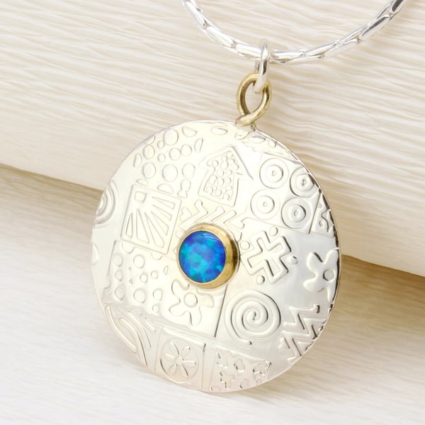 Opal pendant, large round sterling silver pendant necklace, silver chain
