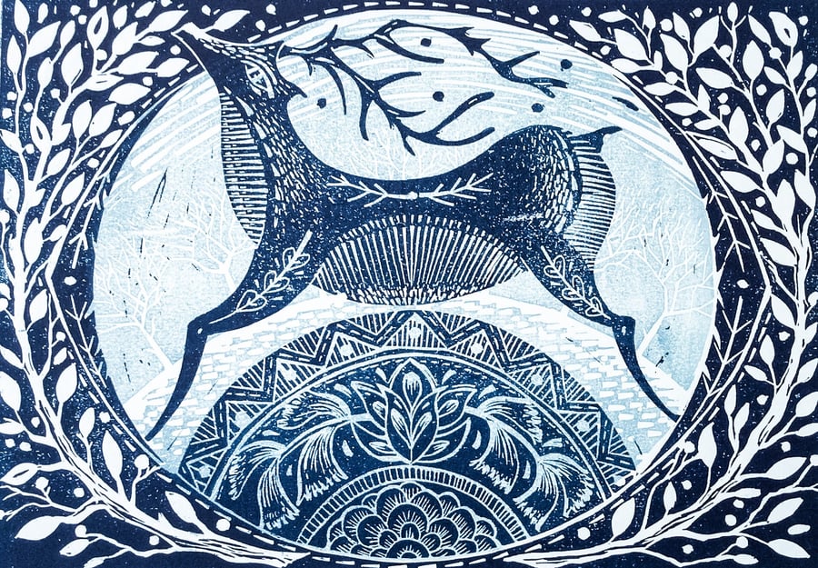 Winter Deer original Lino print PRINT SALE